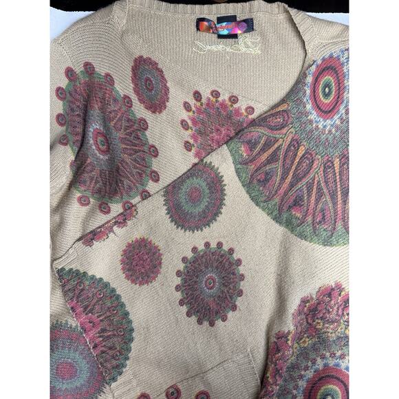 Desigual Boho Wrap Sweater Cardigan XL Beige Multicolor Floral Tie Belt Art Knit - Picture 7 of 8